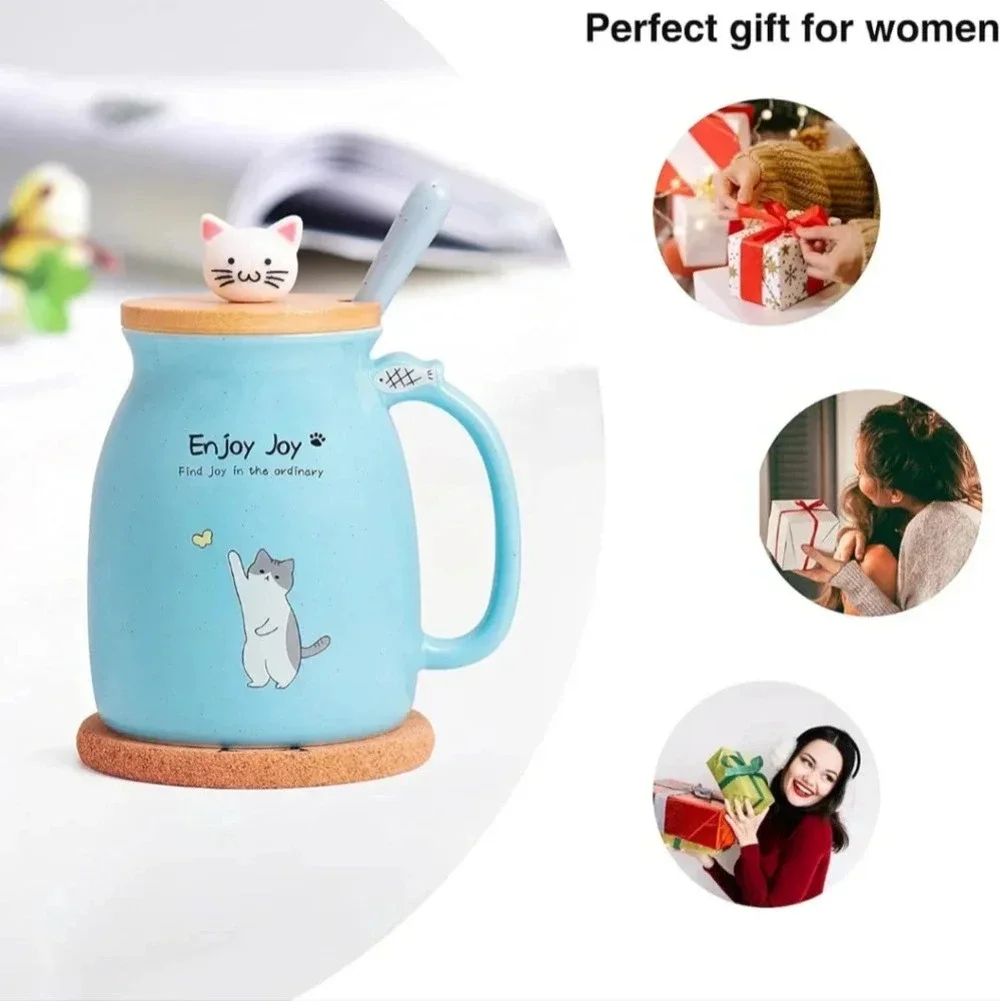 Cute Cat Cup Ceramic Coffee Mug with Kawaii Cat Wooden Lid, Lovely Stainless Ste